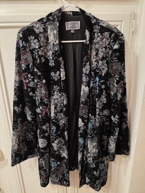 Guillaume Women's Floral Velvet Open Jacket - Black & Blue ~ Size Medium